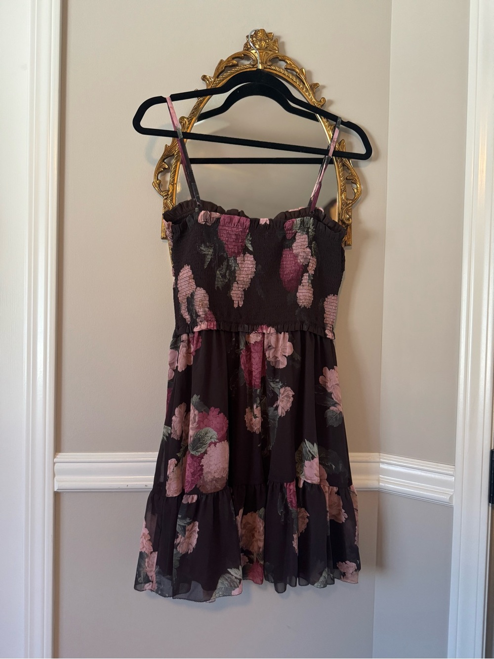 Wilfred Brown Floral Smocked Mini Dress with Pink Blooms